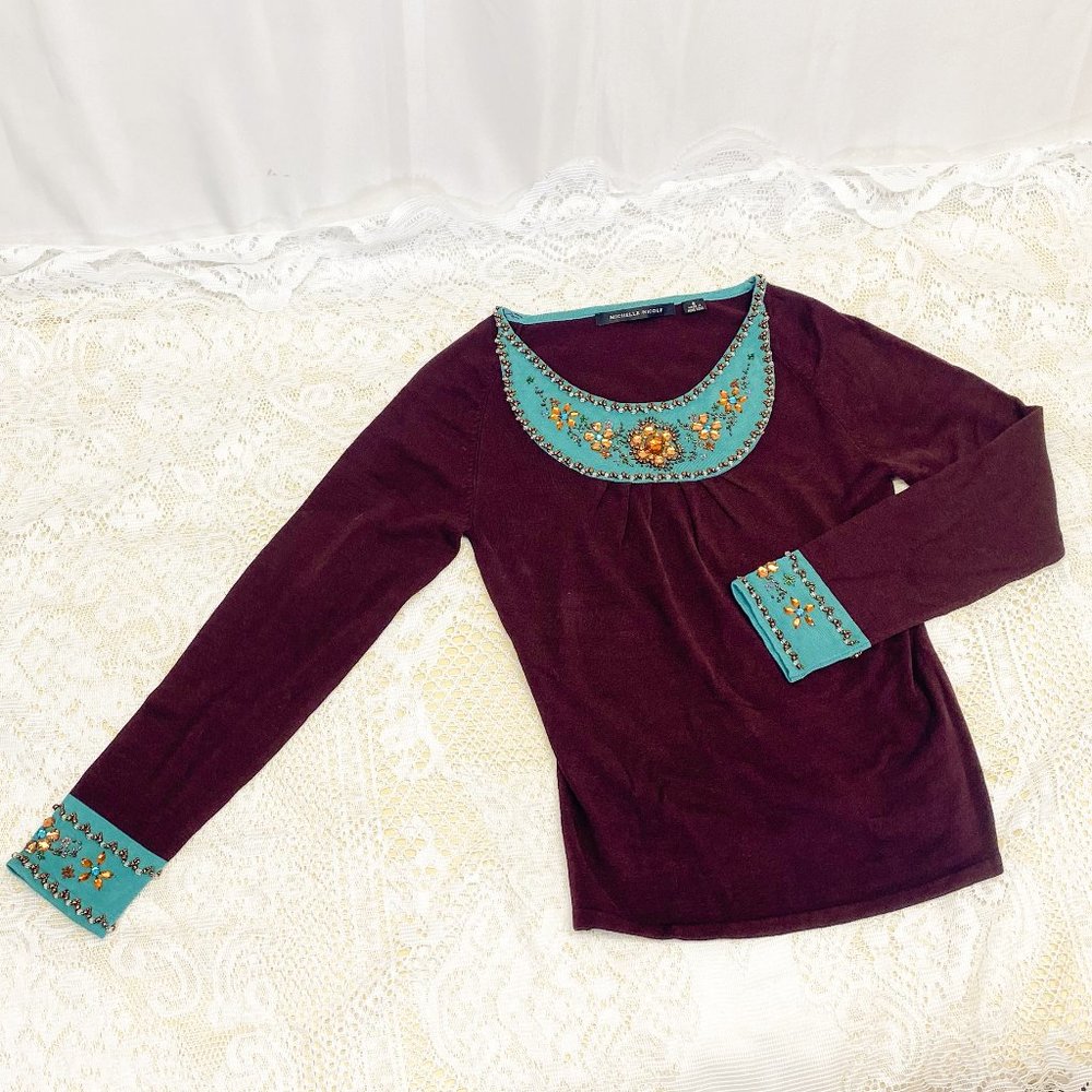 Long Sleeve Gem Studded Boho Shirt Turquoise Brown Unique Women's Top Size Small